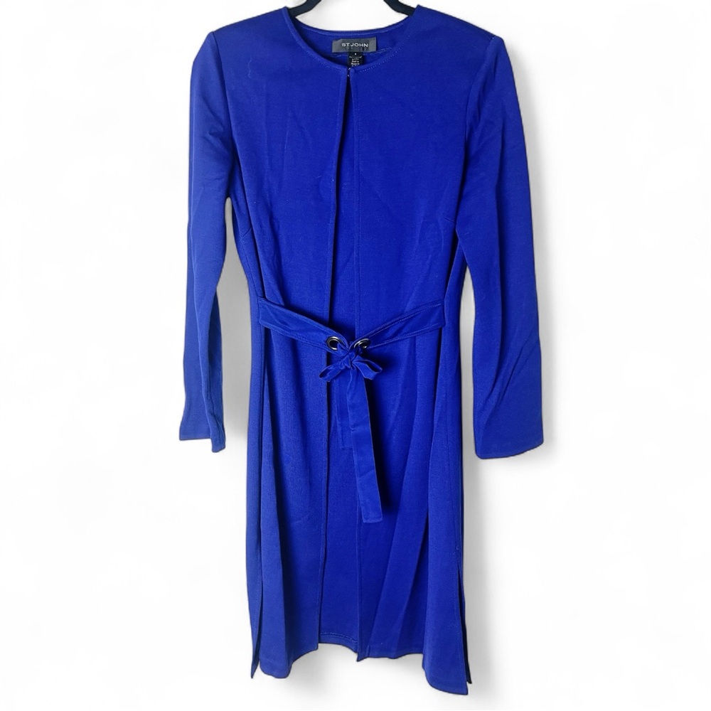 St John Womens Black Label Wool Blend Tie Front Long Line Jacket Royal Blue Sz 4